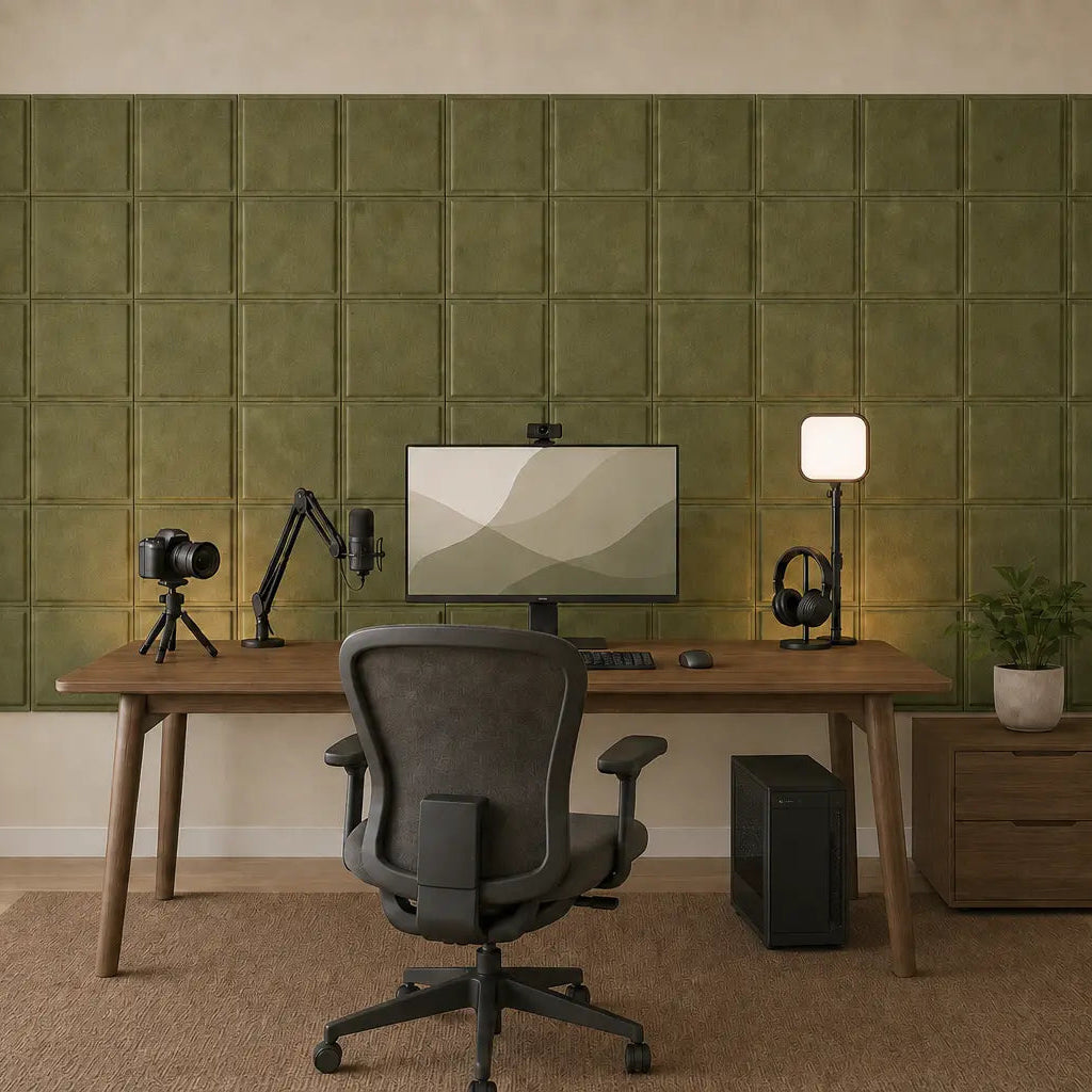 Stylish room featuring olive Square Bold 3D acoustic felt wall panels behind a wooden desk