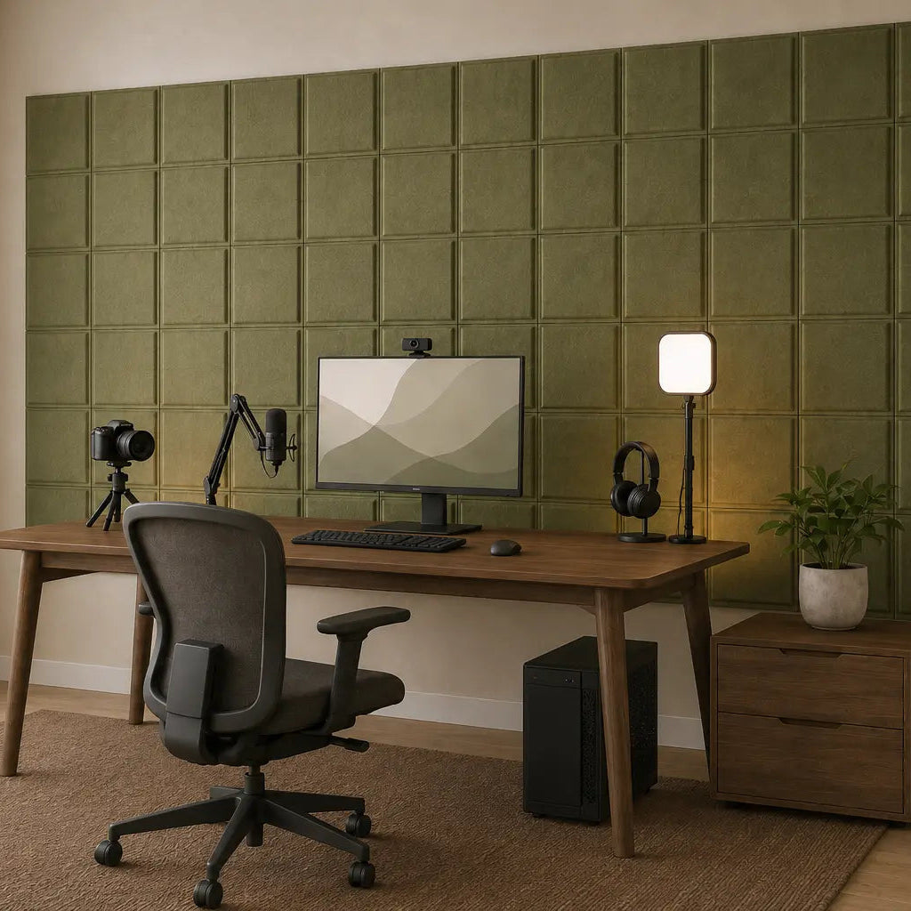 Angled interior view showcasing olive felt panels with a raised-square design and natural earthy colour