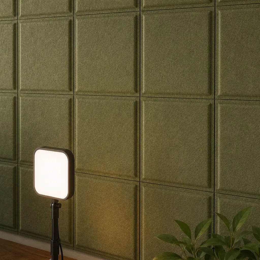 Close-up of olive 3D acoustic wall panels showing their textured felt surface, shallow relief and precise seams