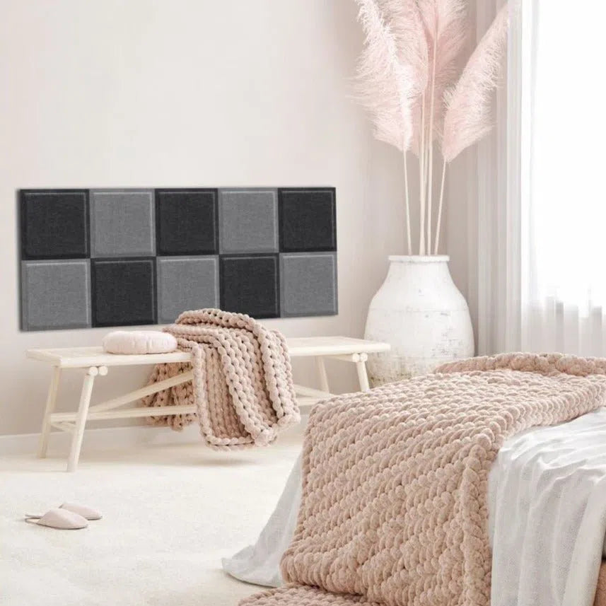 SQUARE BOLD Acoustic 3D Felt Wall Panels grey composition in light pink interior BLACK Multipack Decormania UK