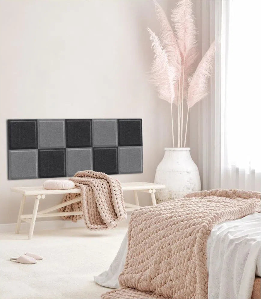 SQUARE BOLD Acoustic 3D Felt Wall Panels grey composition in light pink interior GREY Multipack Decormania UK