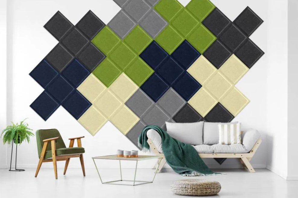 SQUARE BOLD Acoustic 3D Felt Wall Panels feature wall composition OLIVE Multipack Decormania UK