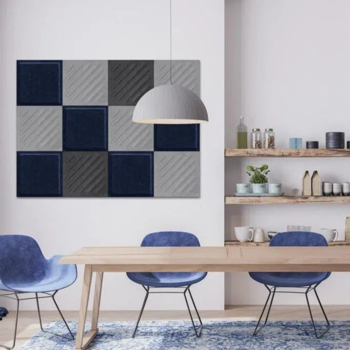 SQUARE RIFT 2 3D Acoustic Felt Wall Panels in dining room interior BLACK Multipack Decormania UK
