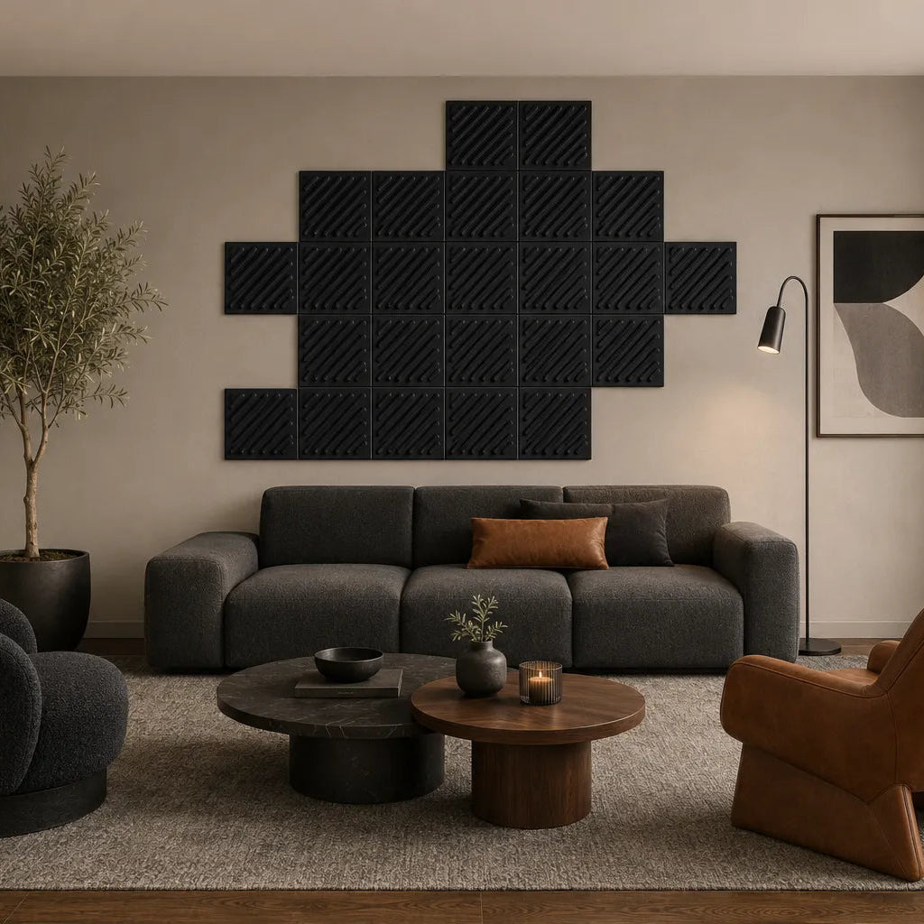 Front view of black 3D acoustic felt wall panels with raised diagonal relief and a regular square grid