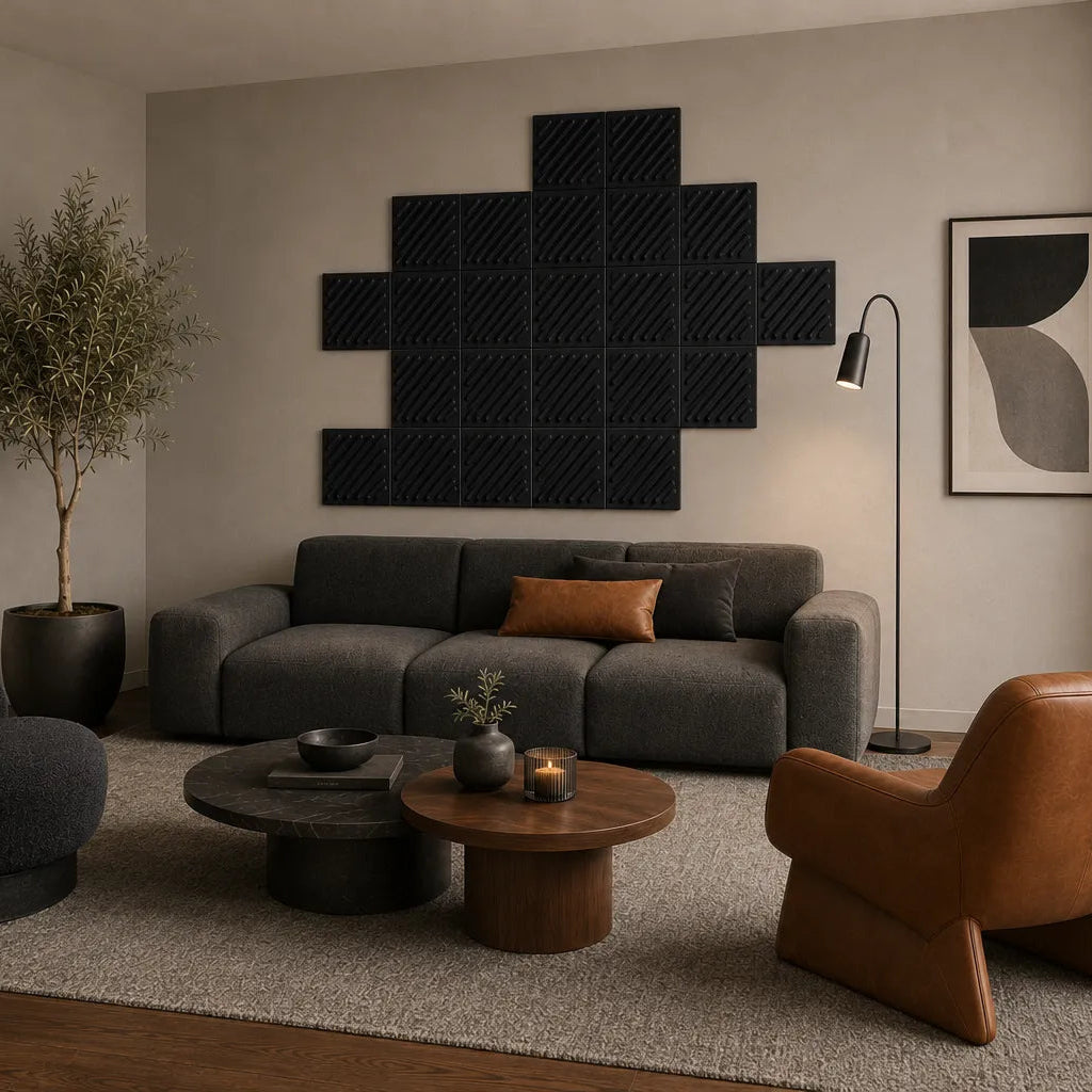 45-degree side view of black 3D acoustic felt wall panels showing their depth, seams and diagonal pattern