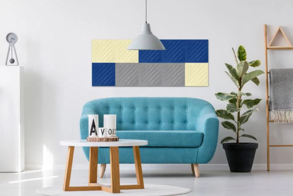 SQUARE RIFT 2 3D Acoustic Felt Wall Panels in grey and blue interior CREAM Multipack Decormania UK