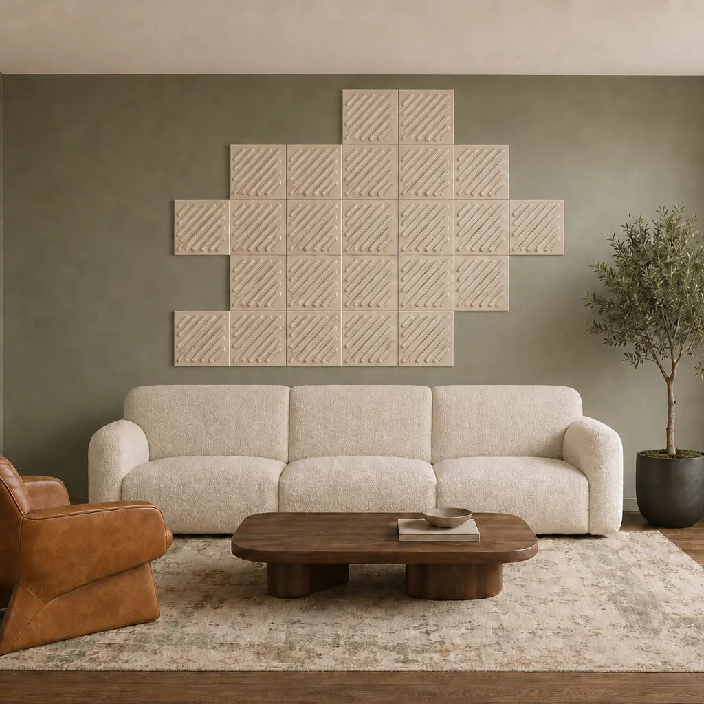 Front view of cream 3D acoustic felt wall panels with raised diagonal relief and a regular square grid
