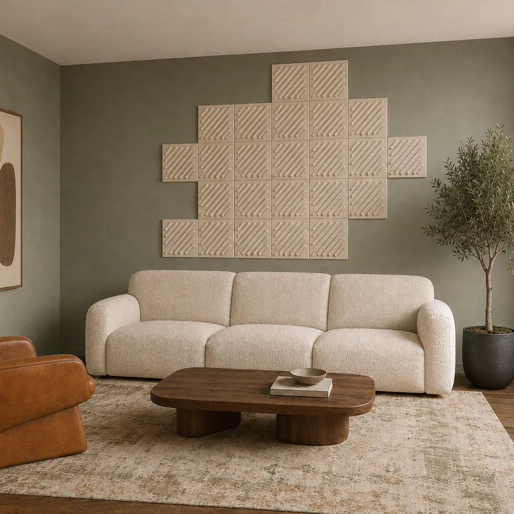 45-degree side view of cream 3D acoustic felt wall panels showing their depth, seams and diagonal pattern