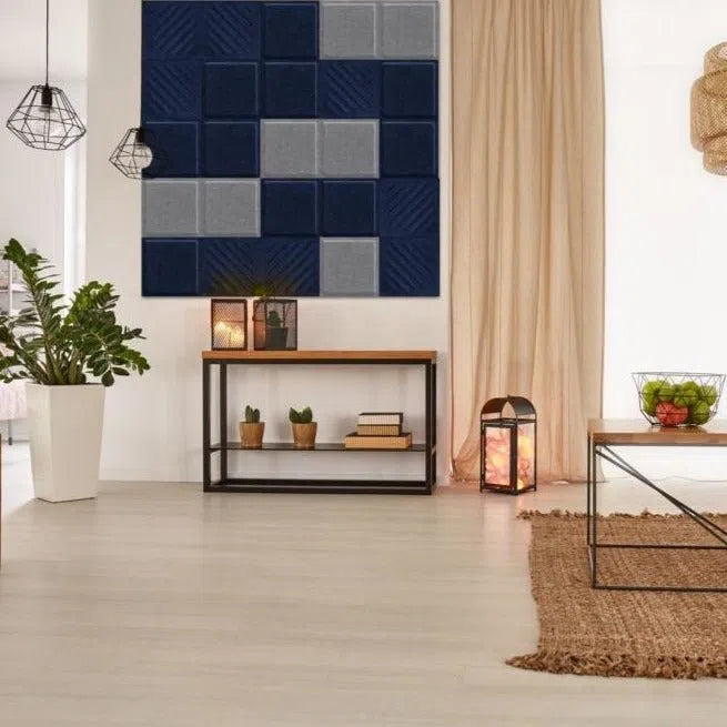 SQUARE RIFT 2 3D Acoustic Felt Wall Panels in cozy interior GREY Multipack Decormania UK