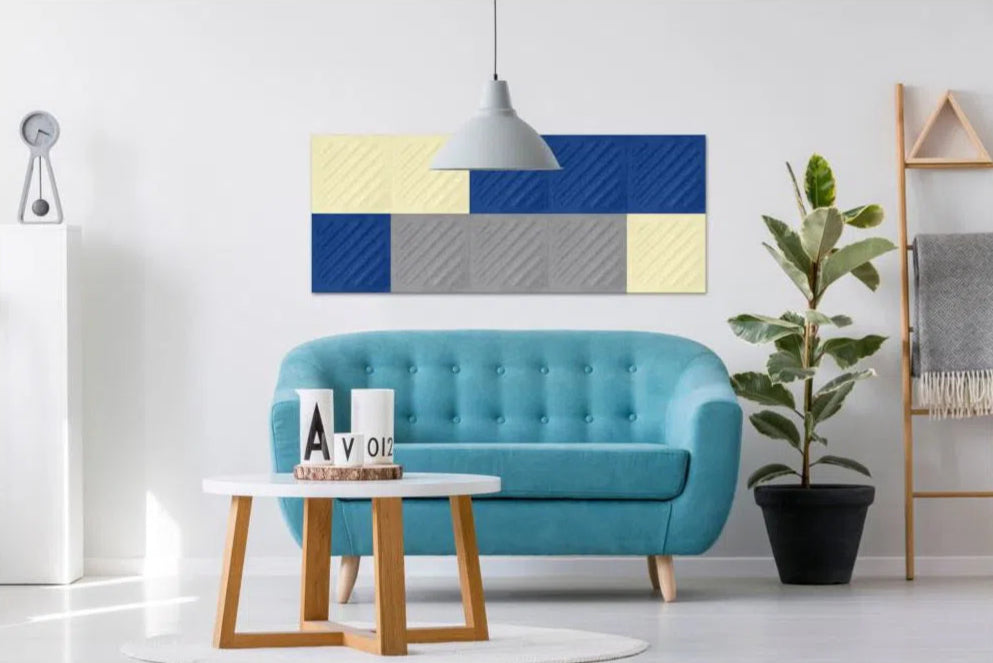 SQUARE RIFT 2 3D Acoustic Felt Wall Panels in living room interior GREY Multipack Decormania UK