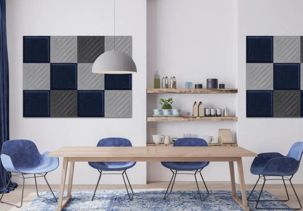 SQUARE RIFT 2 3D Acoustic Felt Wall Panels in dining room interior GREY Multipack Decormania UK