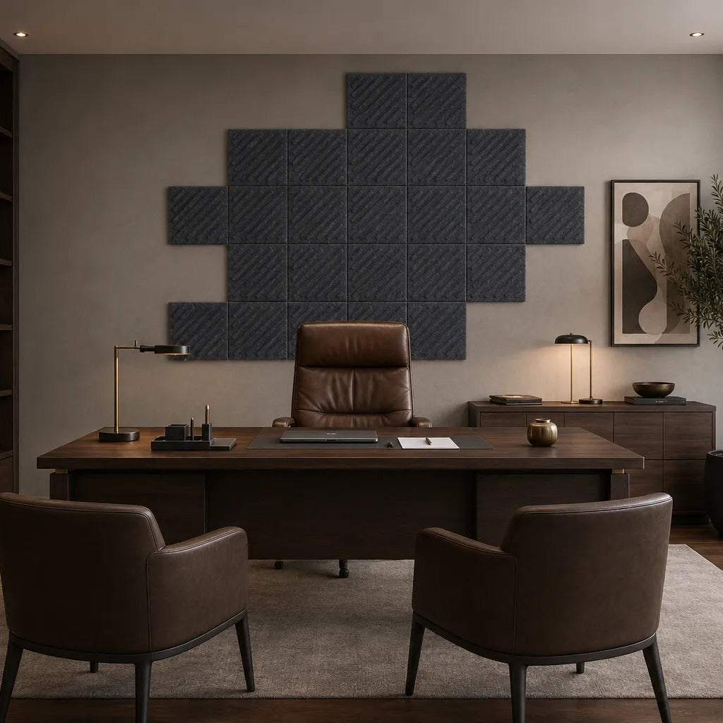 Front view of grey 3D acoustic felt wall panels with raised diagonal relief and a regular square grid