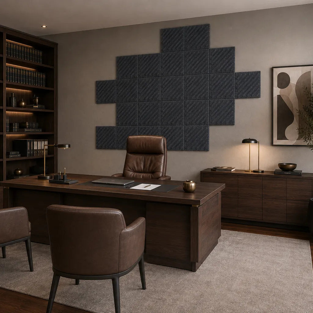 45-degree side view of grey 3D acoustic felt wall panels showing their depth, seams and diagonal pattern