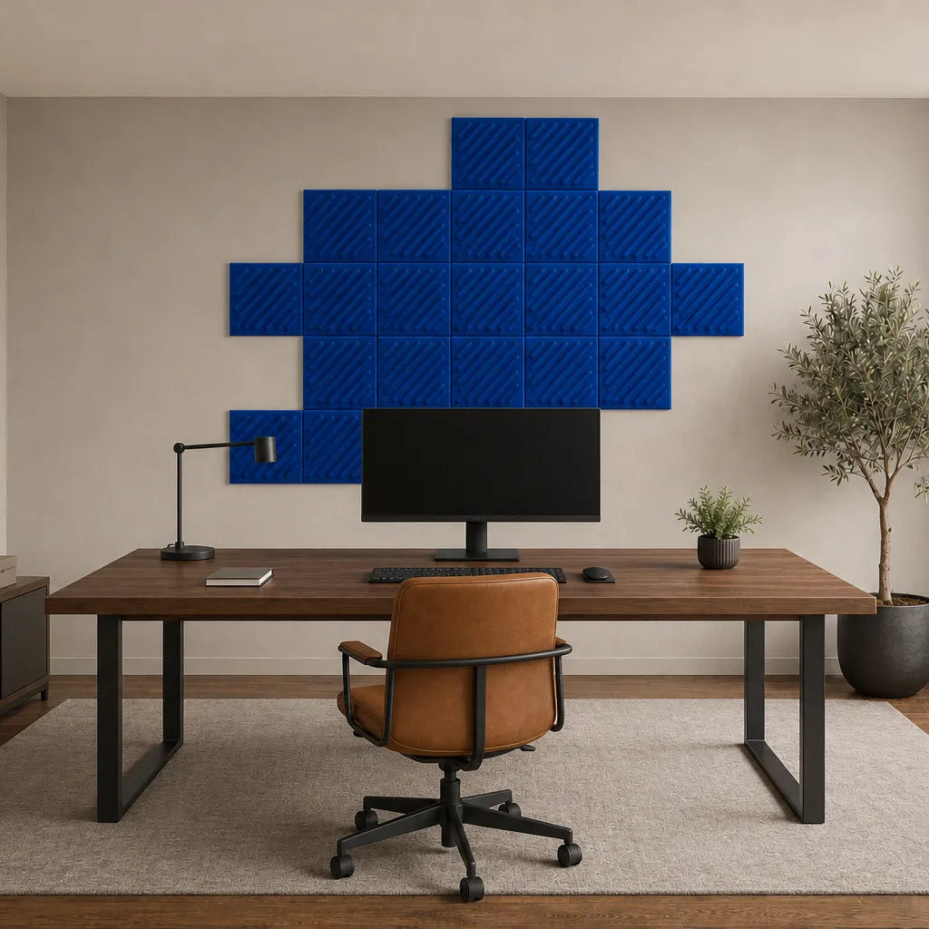 Front view of indigo 3D acoustic felt wall panels with raised diagonal relief and a regular square grid