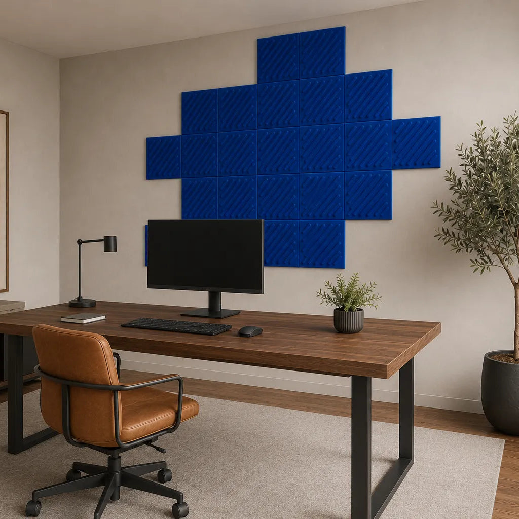 45-degree side view of indigo 3D acoustic felt wall panels showing their depth, seams and diagonal pattern