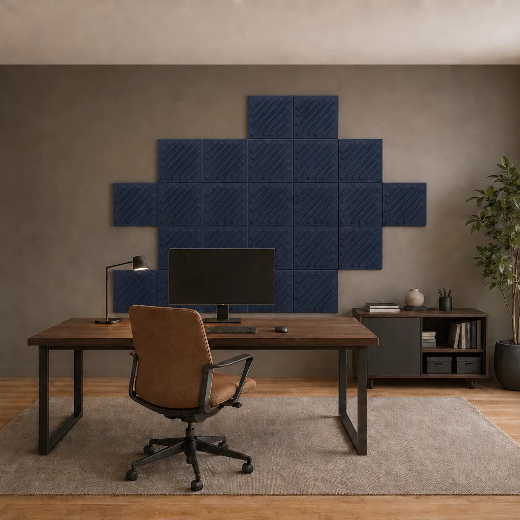 Front view of navy 3D acoustic felt wall panels with raised diagonal relief and a regular square grid
