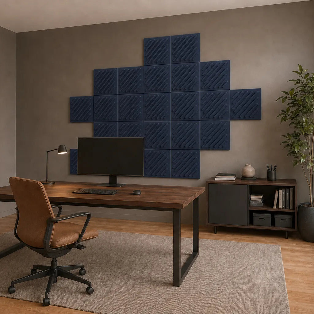 45-degree side view of navy 3D acoustic felt wall panels showing their depth, seams and diagonal pattern