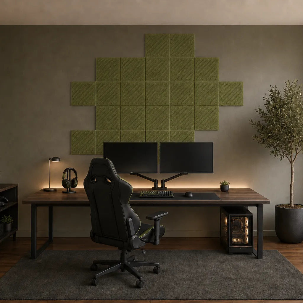 Front view of olive green 3D acoustic felt wall panels with raised diagonal relief and a regular square grid