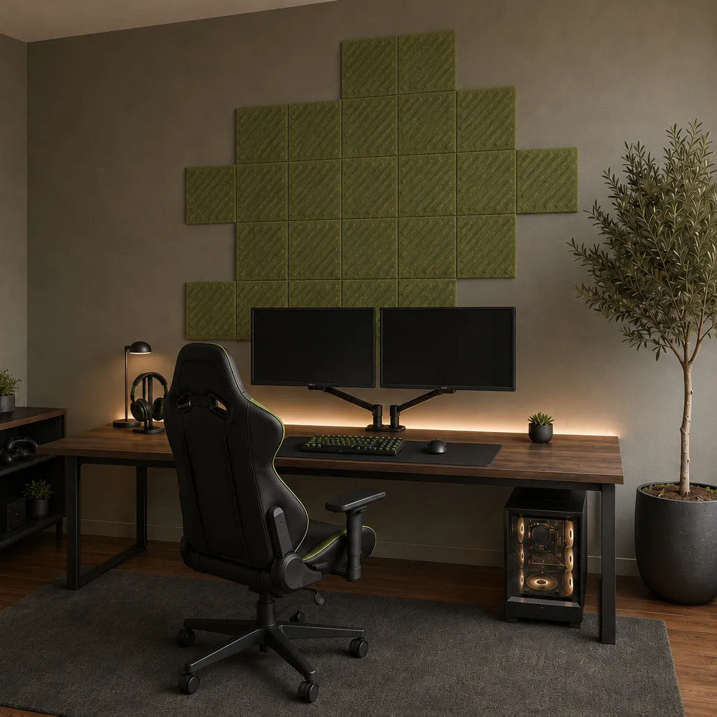 45-degree side view of olive green 3D acoustic felt wall panels showing their depth, seams and diagonal pattern