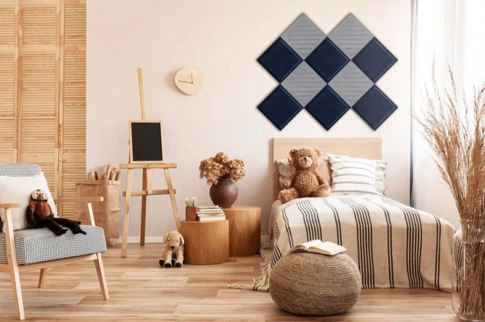 SQUARE RIFT 2 Acoustic 3D Felt Wall Panels in cozy kids room interior BLACK Multipack Decormania UK