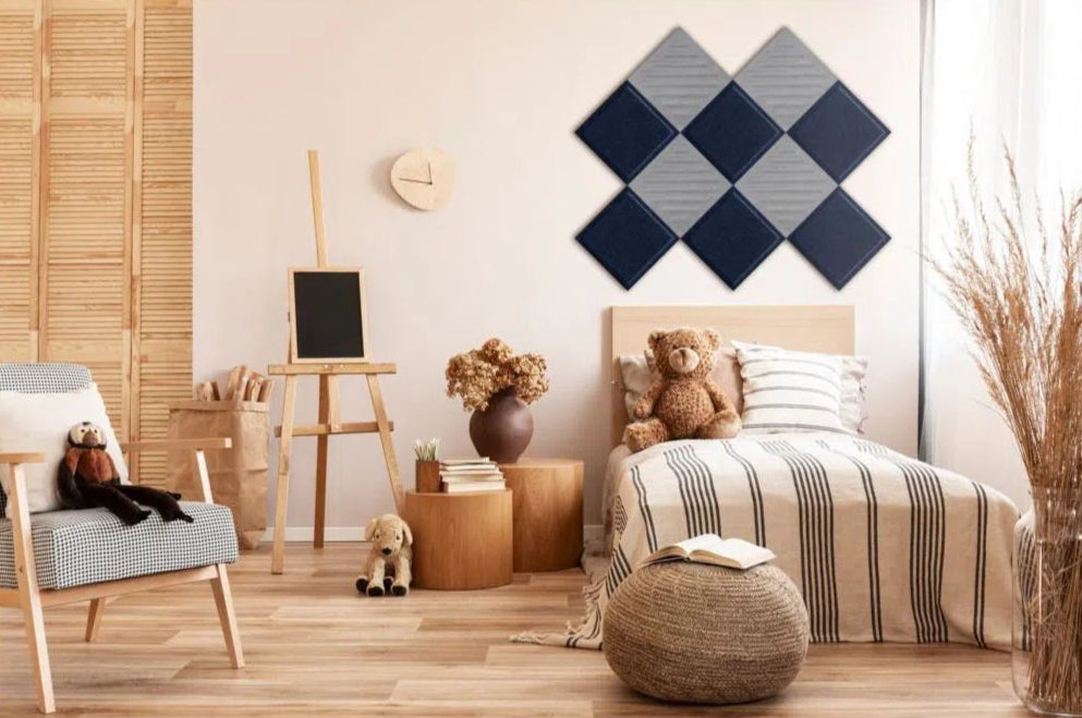 SQUARE RIFT 2 Acoustic 3D Felt Wall Panels in cozy interior combined with wood NAVY Multipack Decormania UK