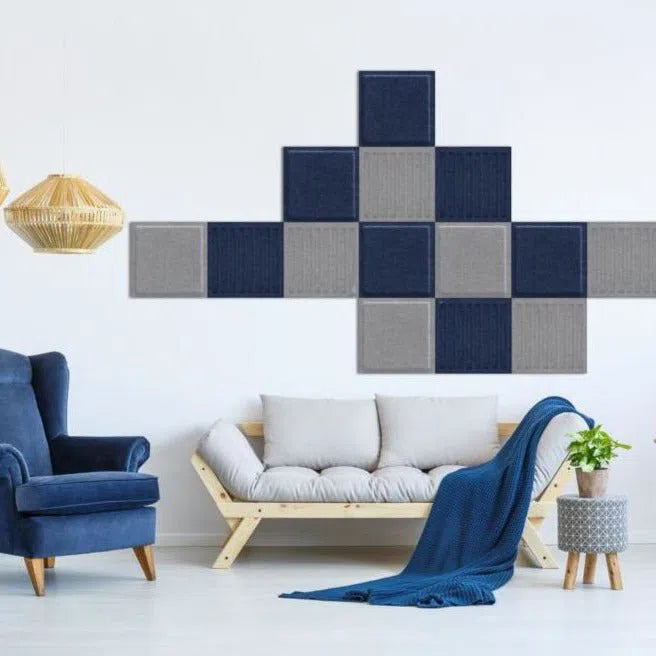 SQUARE RIFT 3D Acoustic Felt Wall Panels in living room interior GREY Multipack Decormania UK