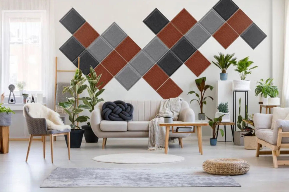 SQUARE RIFT 3D Acoustic Felt Wall Panels in living room interior GREY Multipack Decormania UK