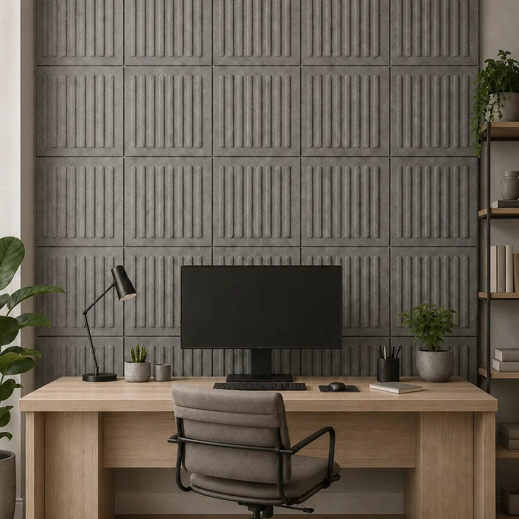 Grey square rift 3D PET felt wall panel with a geometric square shape front view