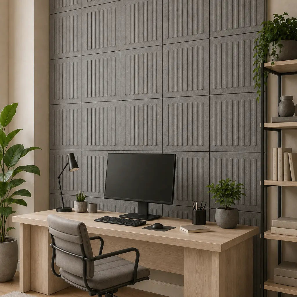 Grey square rift 3D PET felt wall panel with a geometric square shape side view