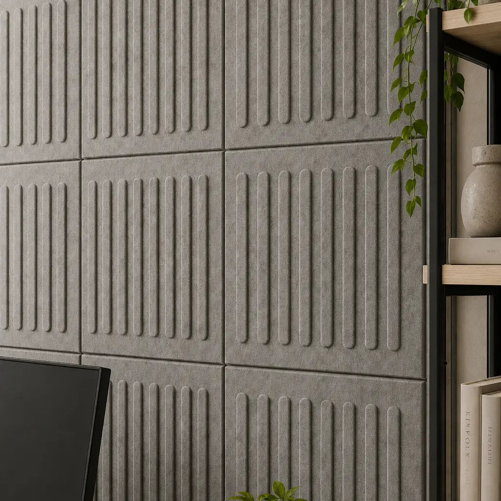 Grey square rift 3D PET felt wall panel with a geometric square shape close up view