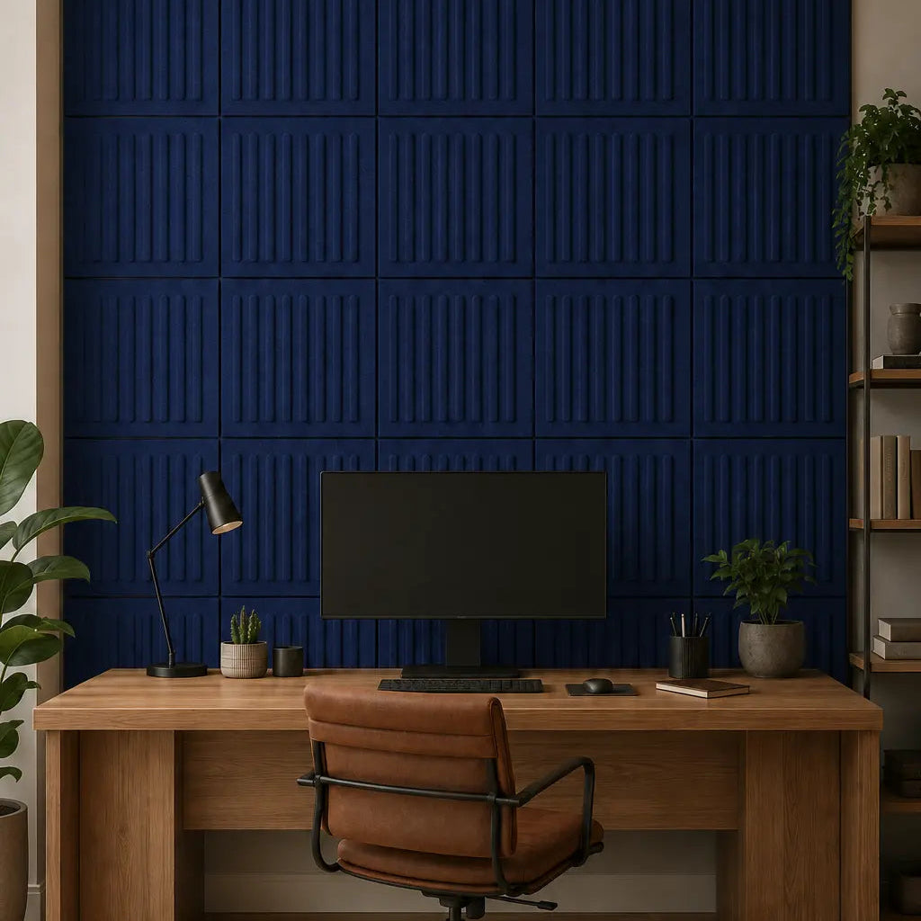Navy square rift 3D PET felt wall panel with a geometric square shape front view