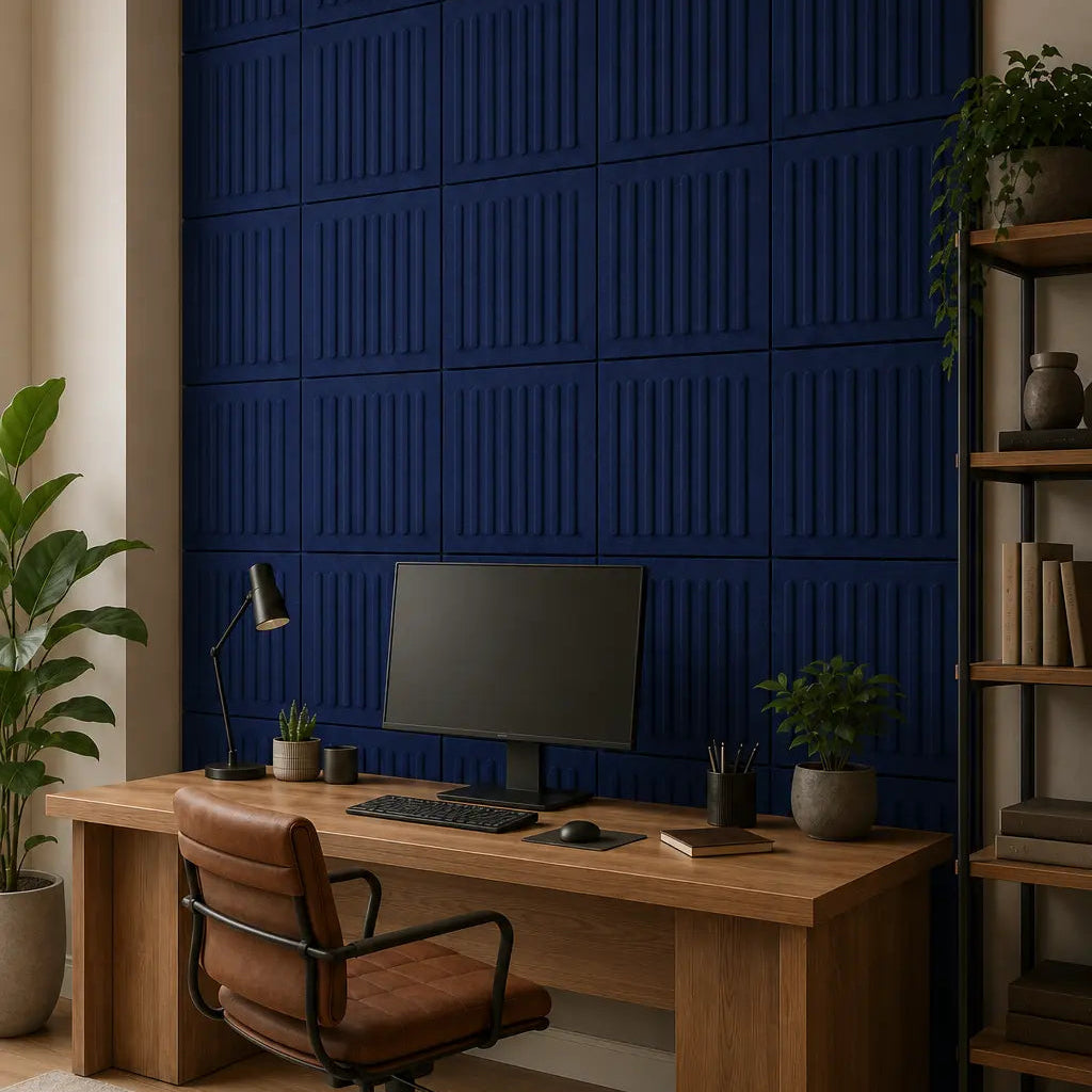 Navy square rift 3D PET felt wall panel with a geometric square shape side view