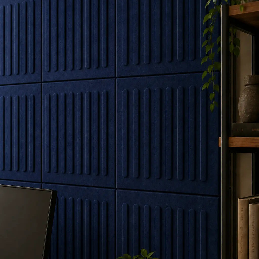 Navy square rift 3D PET felt wall panel with a geometric square shape close up view