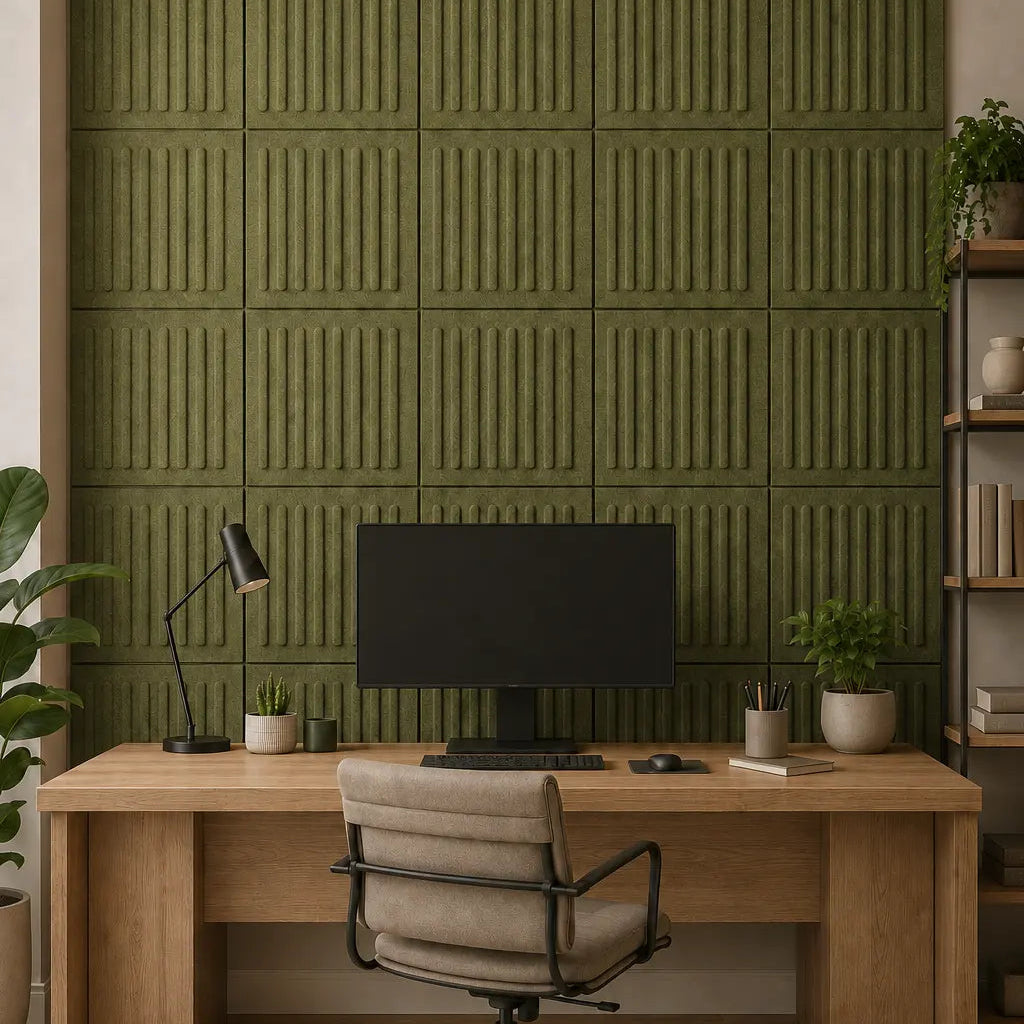 Olive square rift 3D PET felt wall panel with a geometric square shape front view