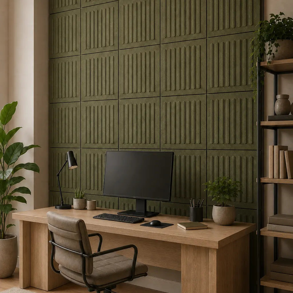 Olive square rift 3D PET felt wall panel with a geometric square shape side view