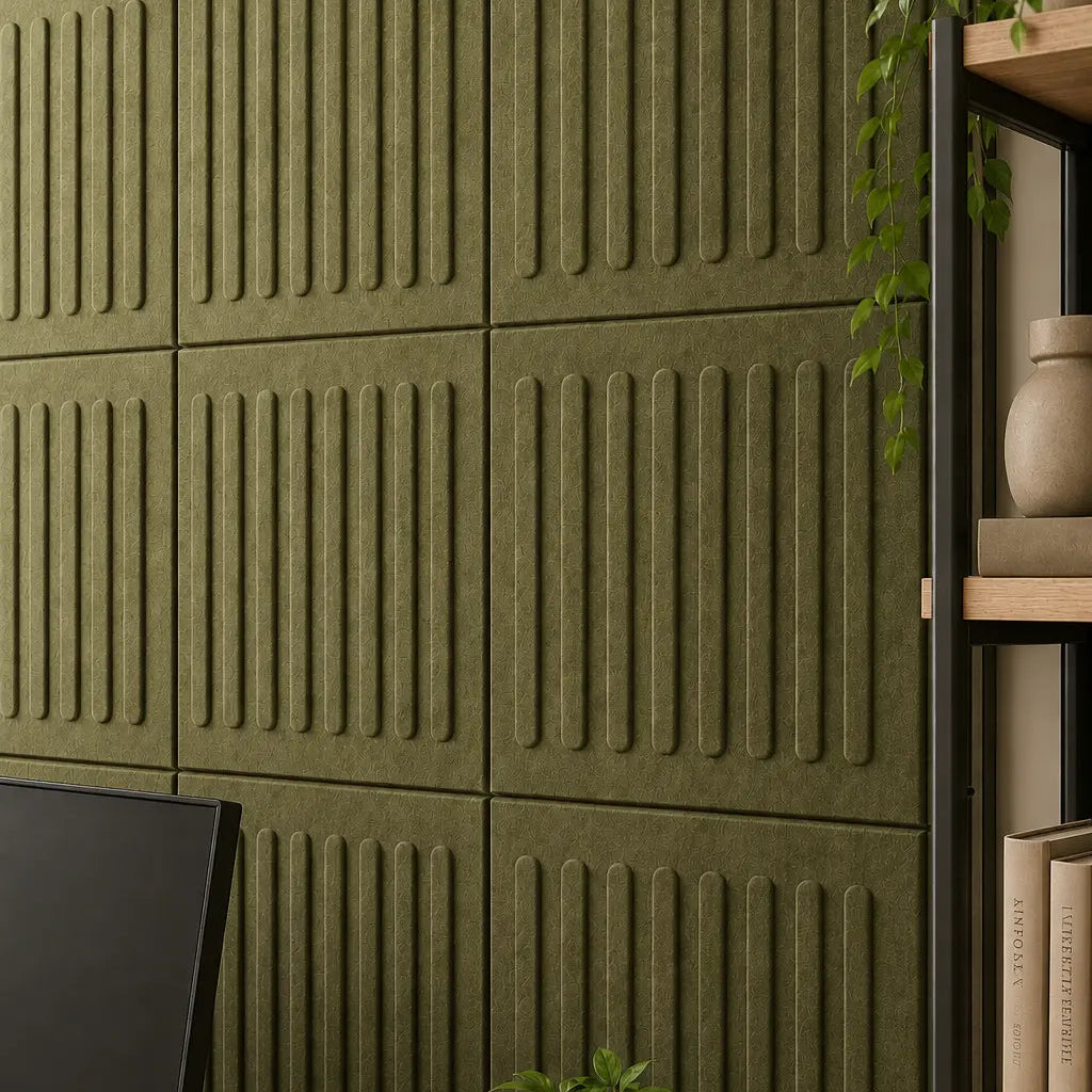 Olive square rift 3D PET felt wall panel with a geometric square shape close up view