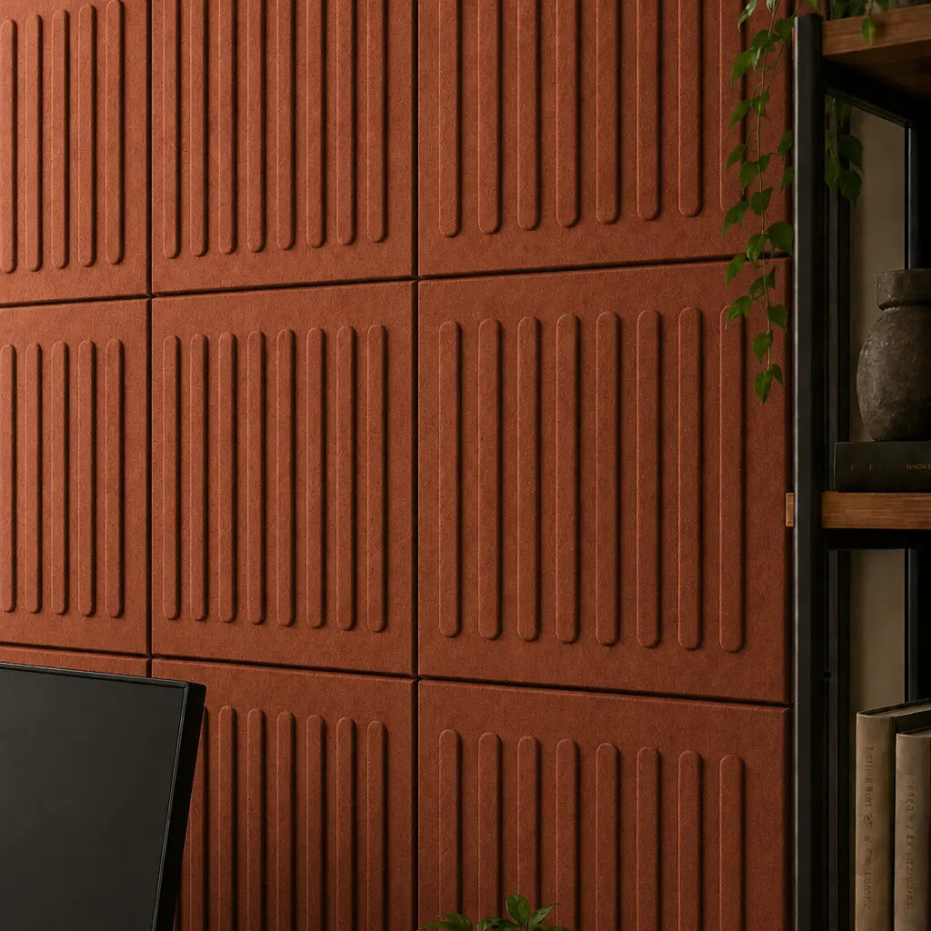 Square 3d acoustic felt rusty panel close up view