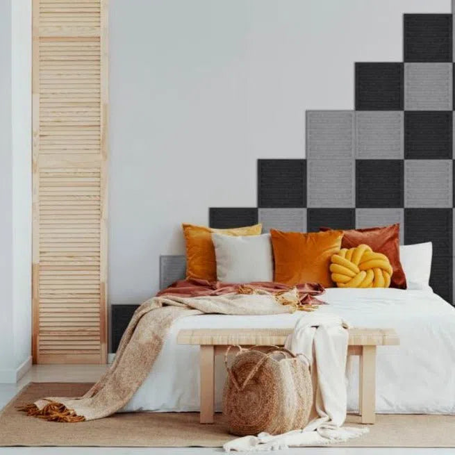 SQUARE RIFT Acoustic 3D Felt Wall Panels in bedroom interior BLACK Multipack Decormania UK