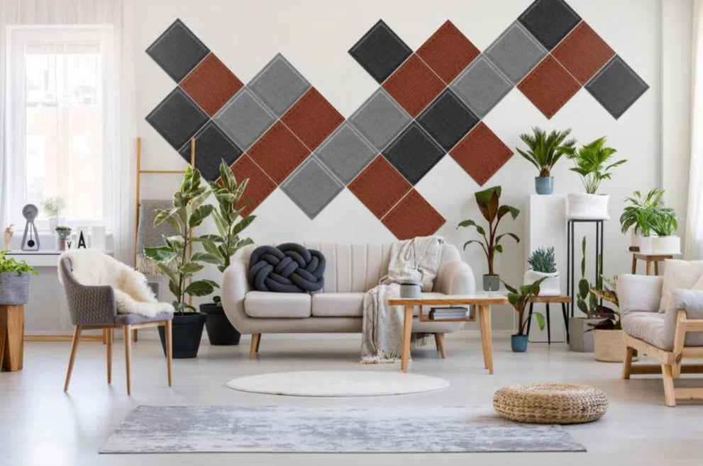 SQUARE RIFT Acoustic 3D Felt Wall Panels in living room interior BLACK Multipack Decormania UK