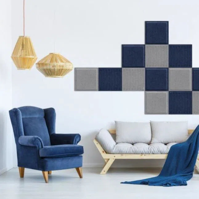 SQUARE RIFT Acoustic 3D Felt Wall Panelsin white and blue living room interior - NAVY Multipack Decormania UK