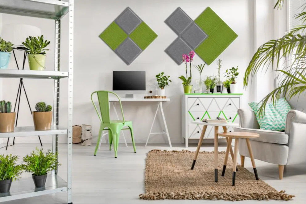 SQUARE RIFT Acoustic 3D Felt Wall Panels in office interior OLIVE Multipack Decormania UK