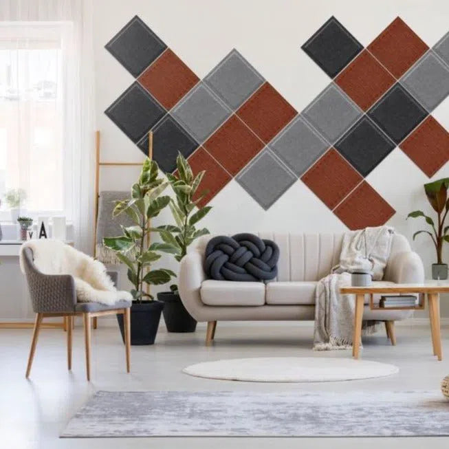 SQUARE RIFT Acoustic 3D Felt Wall Panels in living room interior RUSTY Multipack Decormania UK
