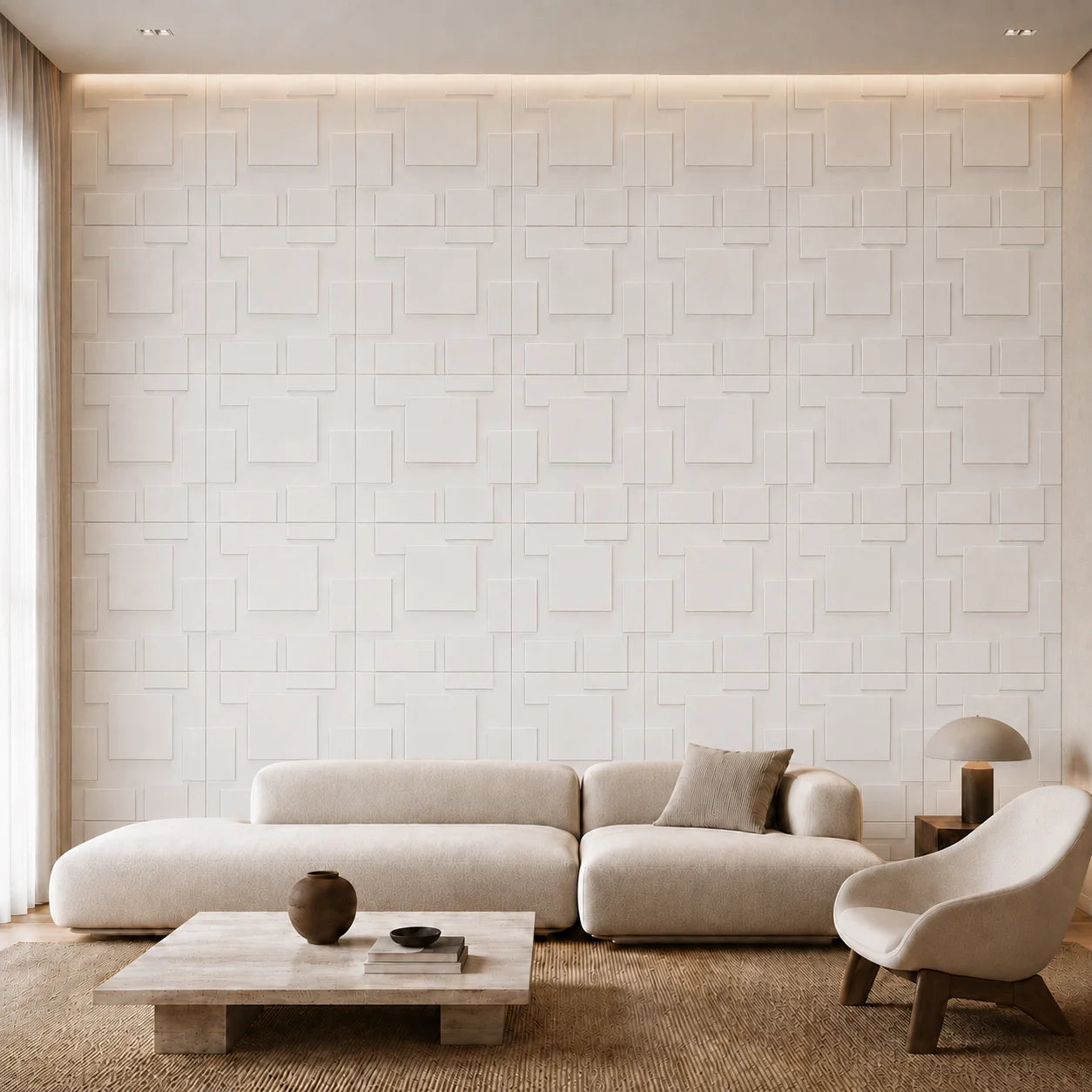 Front view of white Squares gypsum 3D wall panels behind a cream sofa in an elegant living room