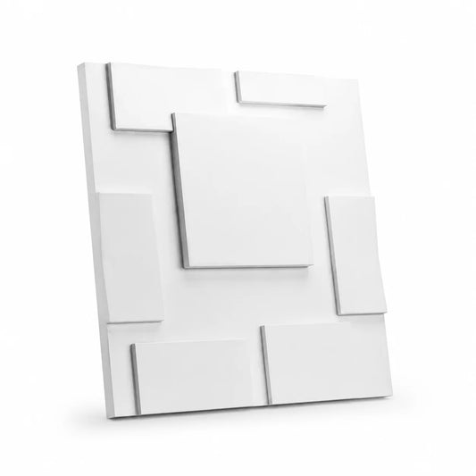White Squares 50 × 50 cm gypsum 3D wall panel with raised overlapping squares and rectangles