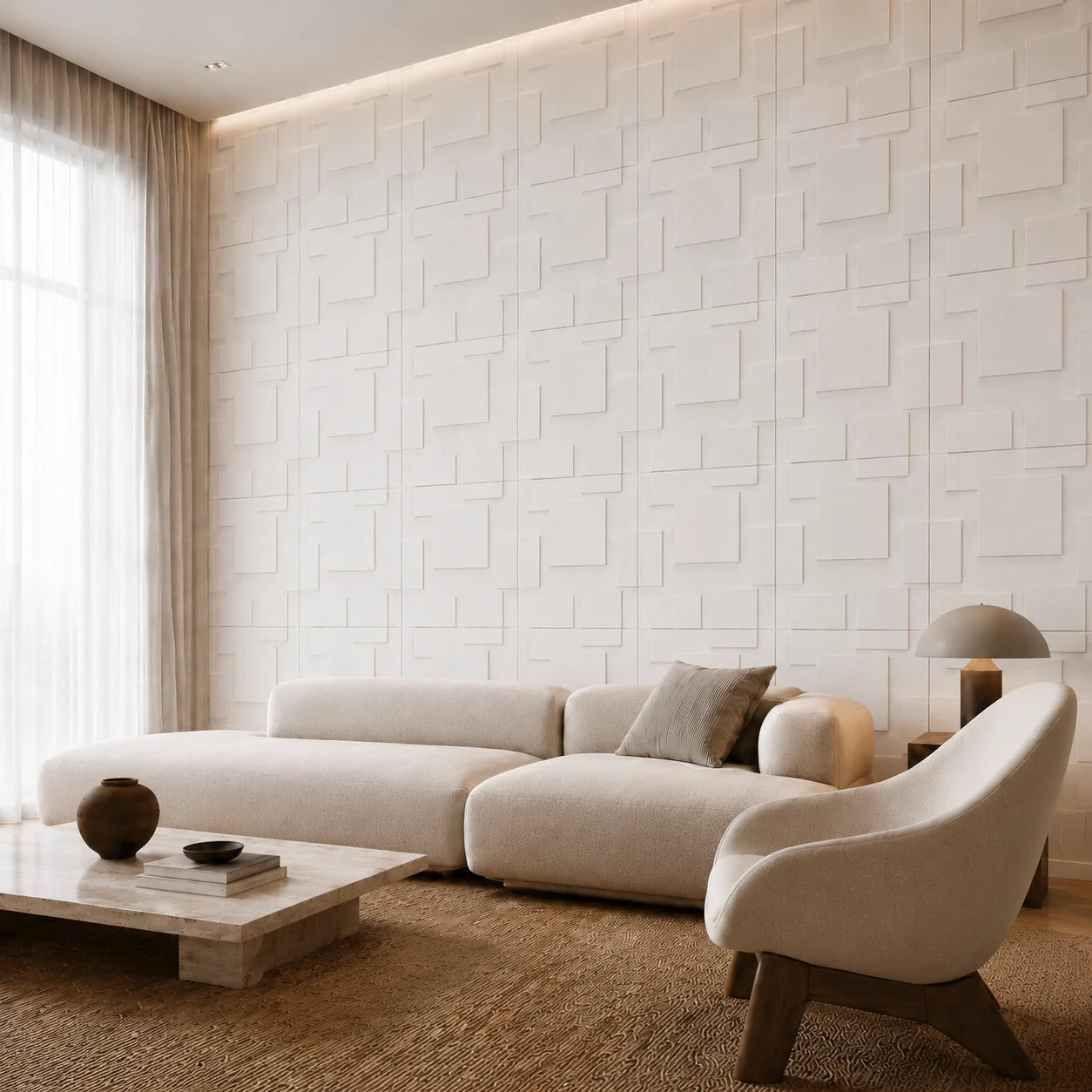 White Squares gypsum 3D wall panels with an overlapping geometric pattern in a modern living room