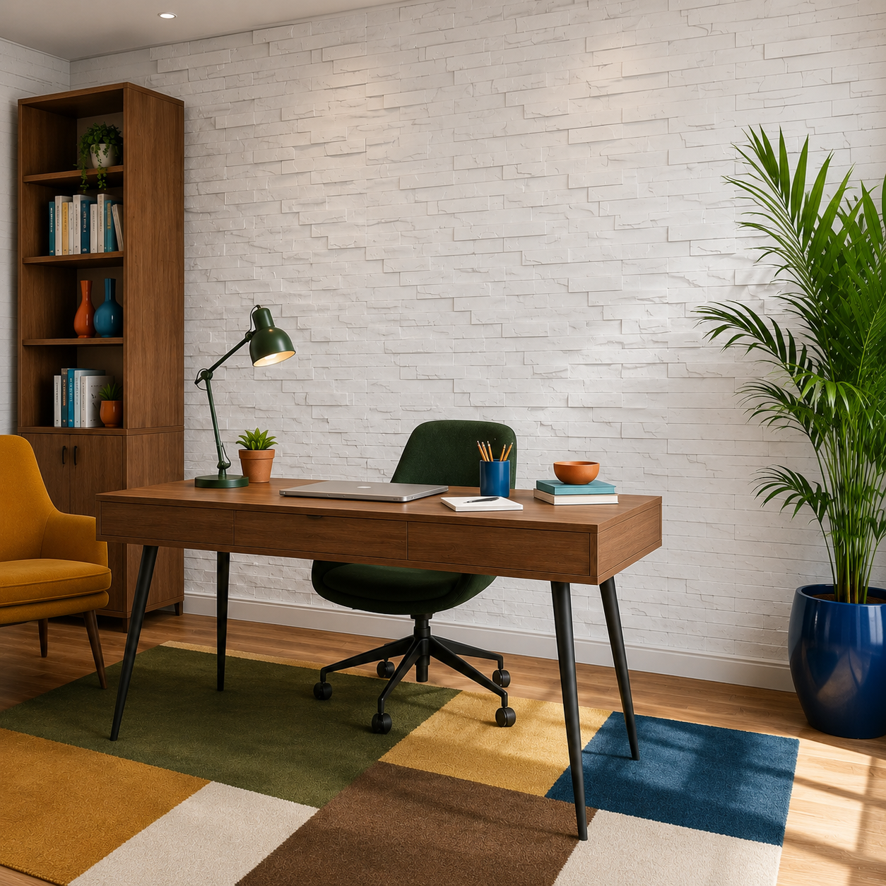 Right-angle view of a colourful home office featuring white 3D stone wall panels, wooden furniture and a large indoor palm