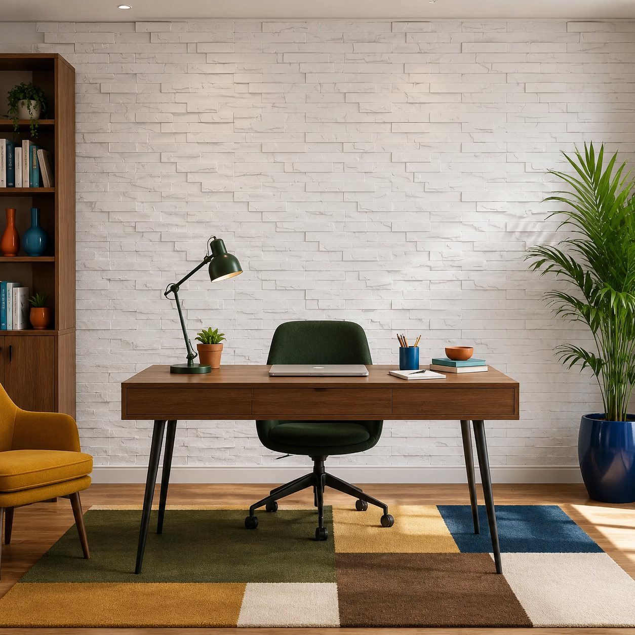 Modern study room with white stone-effect 3D polystyrene wall panels, a walnut desk, green office chair and colourful geometric rug