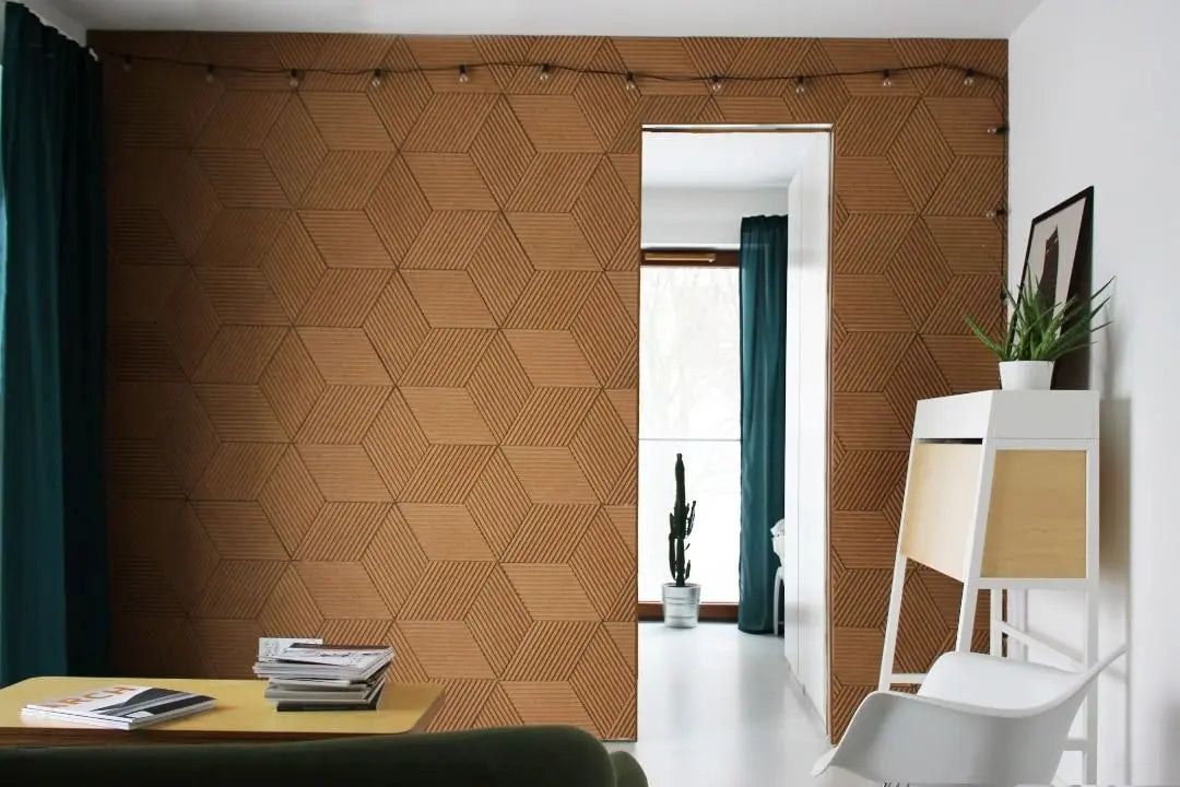 STRIPE - Acoustic 3D Cork Wall Panels in cozy living room | DecorMania UK