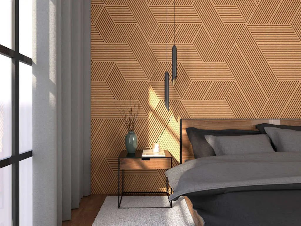 STRIPE - Acoustic 3D Cork Wall Panels in stylish bedroom | DecorMania UK