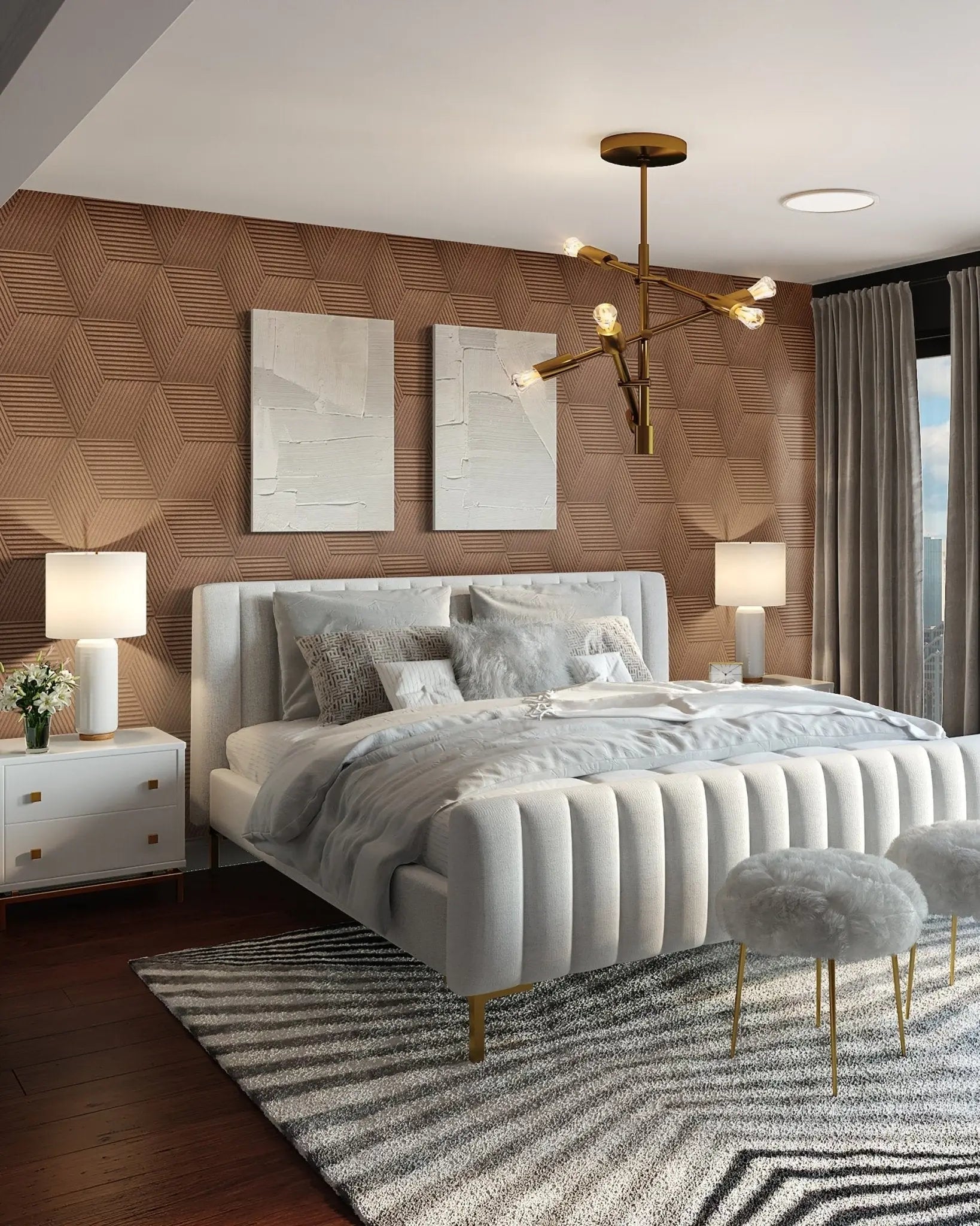 STRIPE - Acoustic 3D Cork Wall Panels in cozy bedroom | DecorMania UK